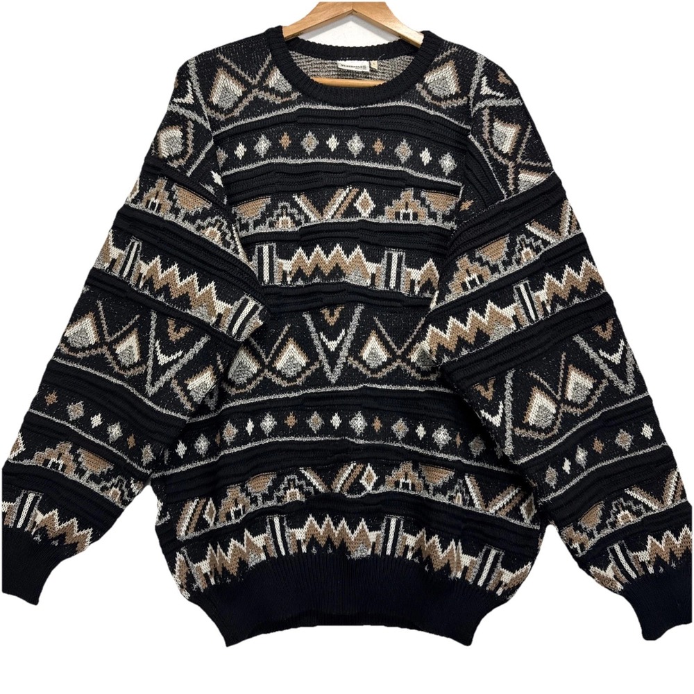VTG Radius Italy 100% Wool Intarsia Geometric Sweater Mens XL Black Tan 3D‎ Knit